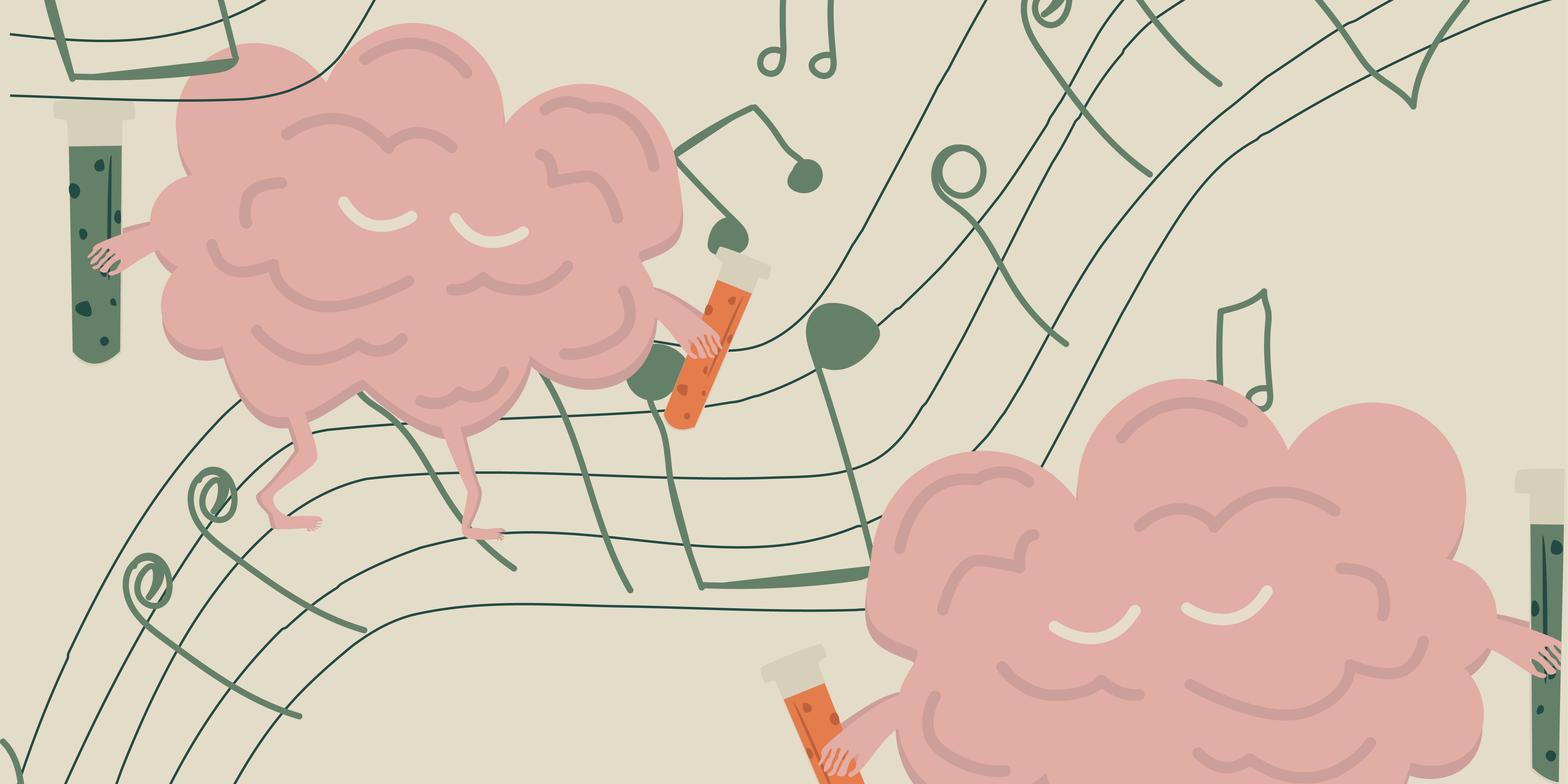 Hjerner som er omringet af musik, som en illustration af den positive påvirkning kultur kan have på hjernens signalstoffer