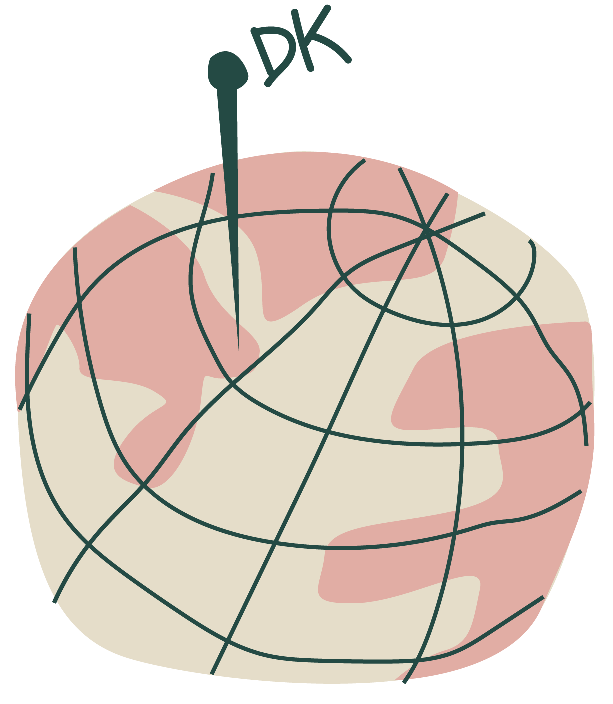 En globus hvor Danmark er markeret med en knappenål