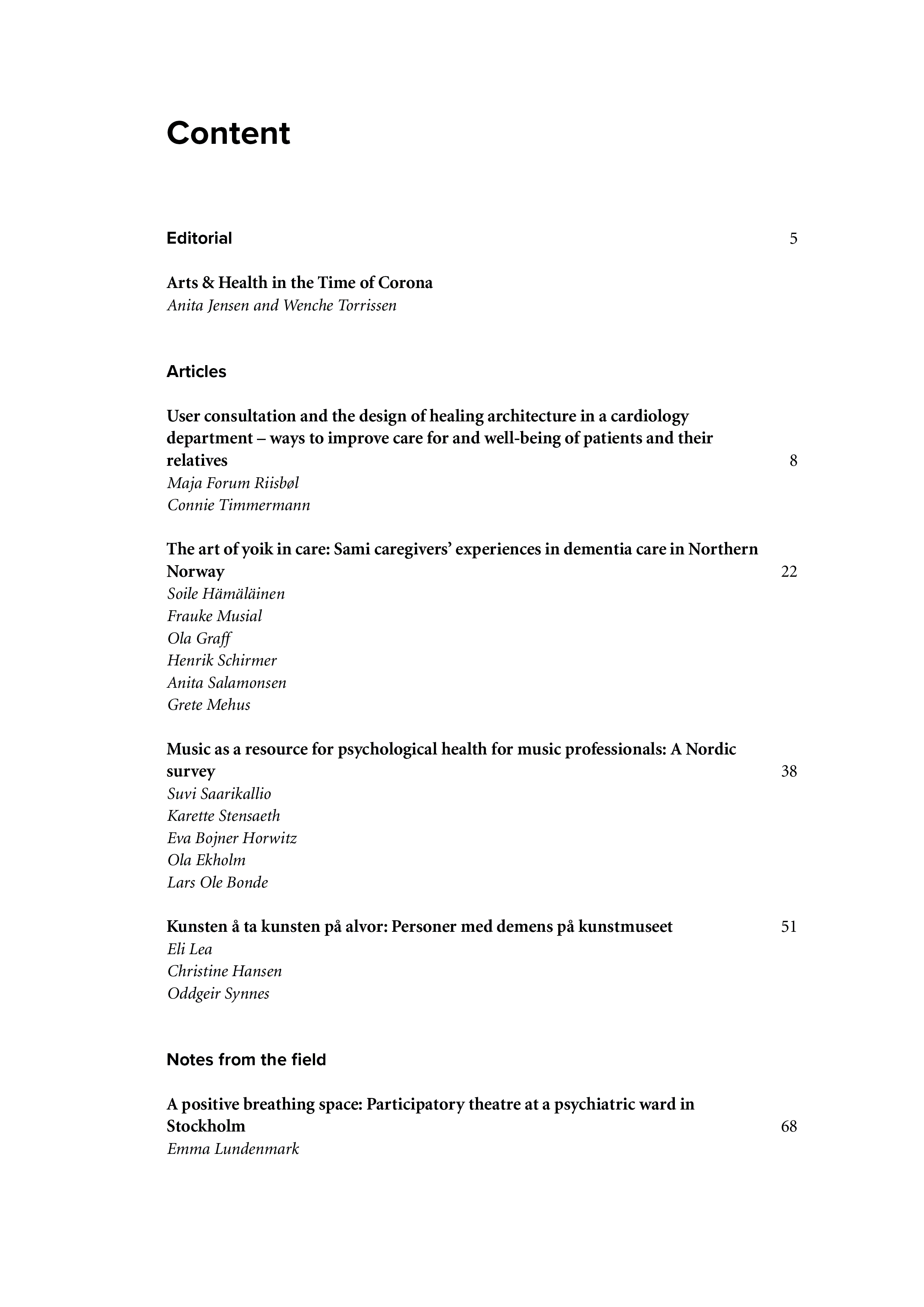 Indholdsfortegnelsen til 'Nordic journal of arts, culture and health vol 2'
