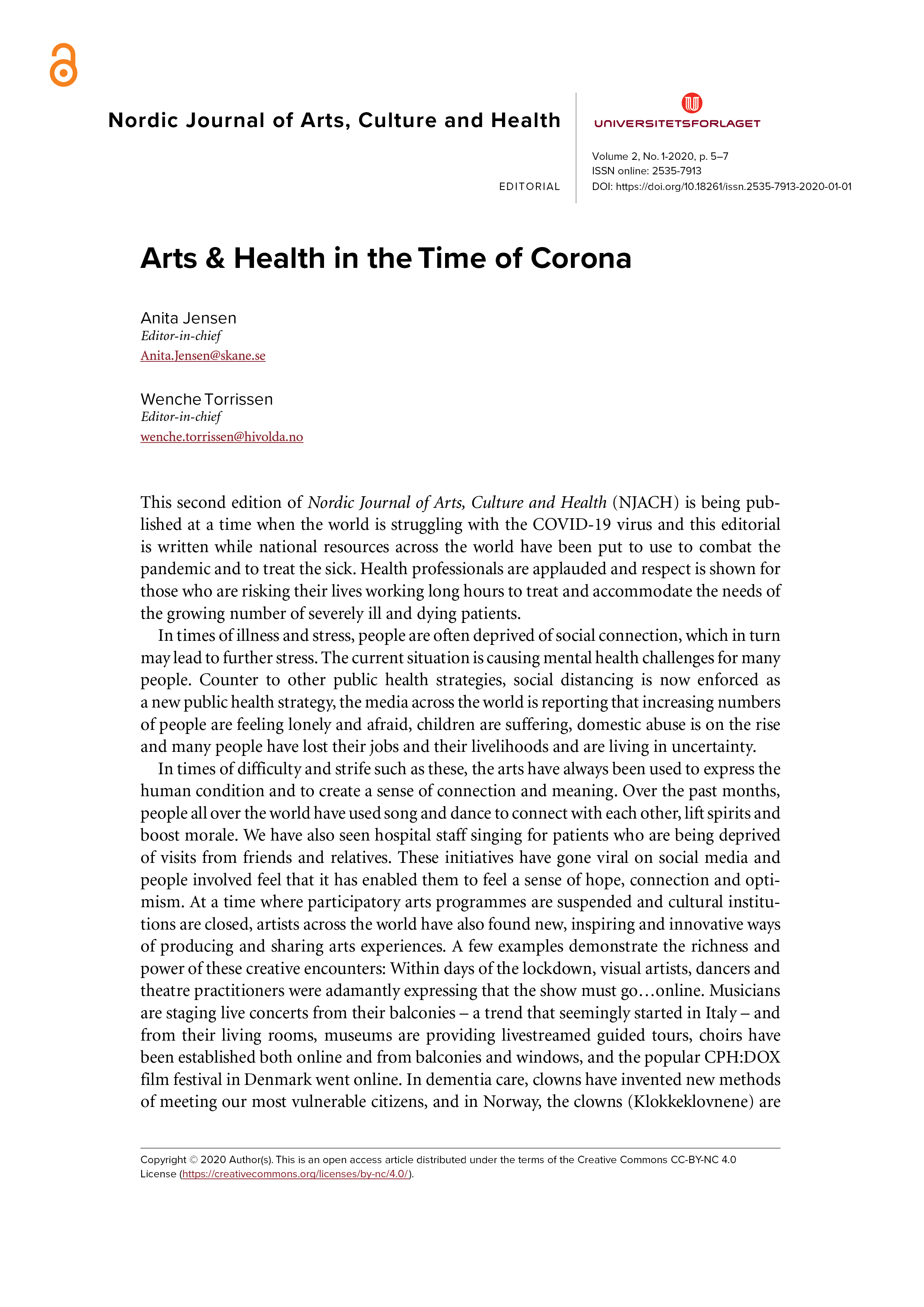 Side 1 af 'Nordic journal of arts, culture and health vol 2'