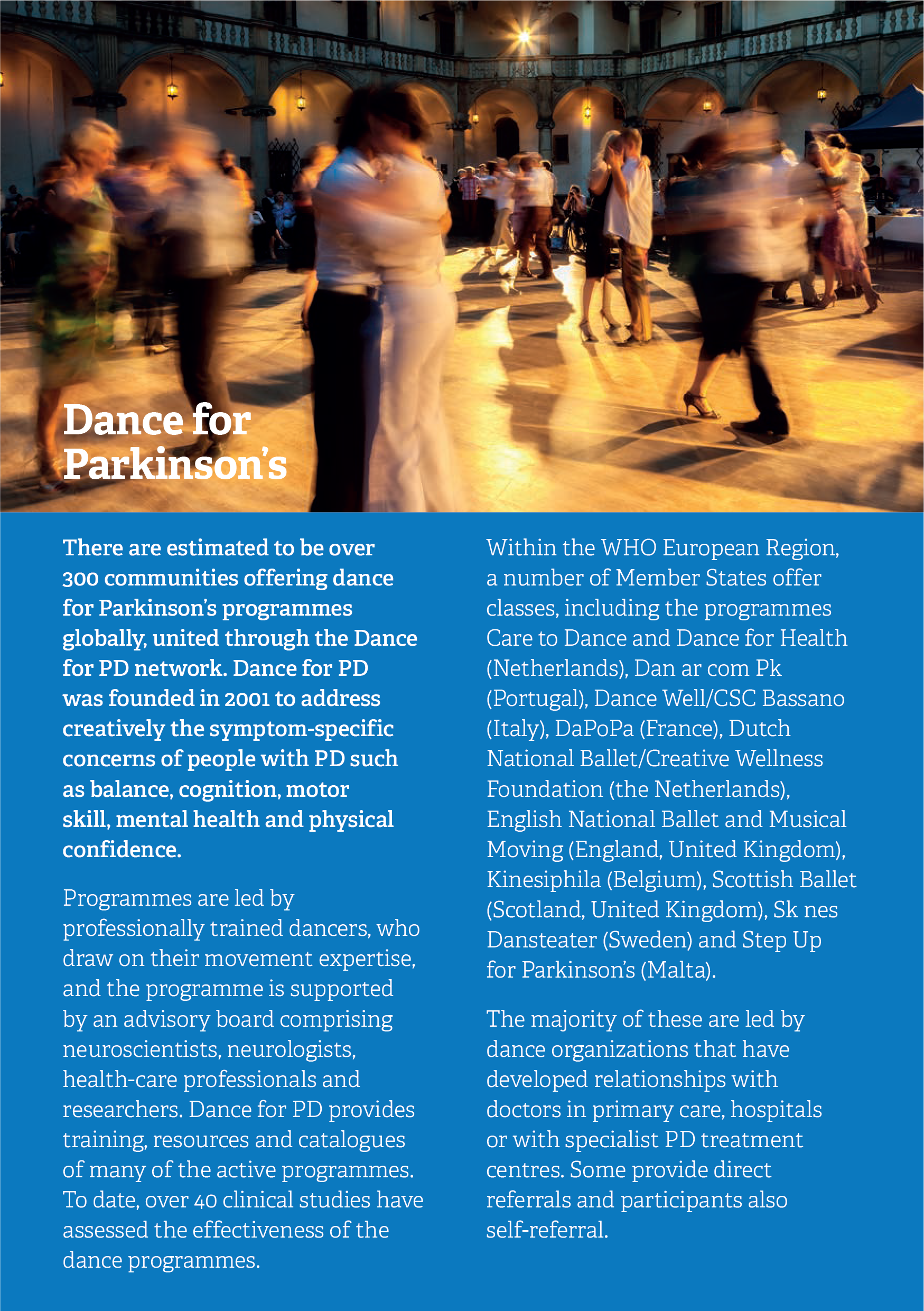 Beskrivelse af Dans for Parkinsons i WHO' synteserapport om kunst og sundhed