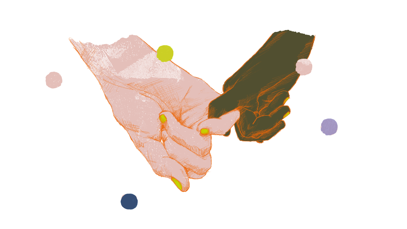 Fællesskab visualiseret med en grafik af to hænder som har deres lillefinger krydset ind i hinanden, som et lillefingerløfte.