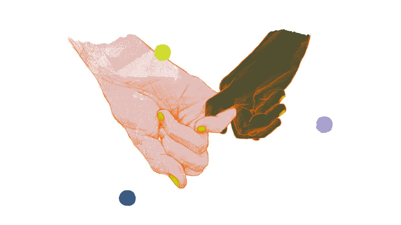 Fællesskab visualiseret med en grafik af to hænder som har deres lillefinger krydset ind i hinanden, som et lillefingerløfte.