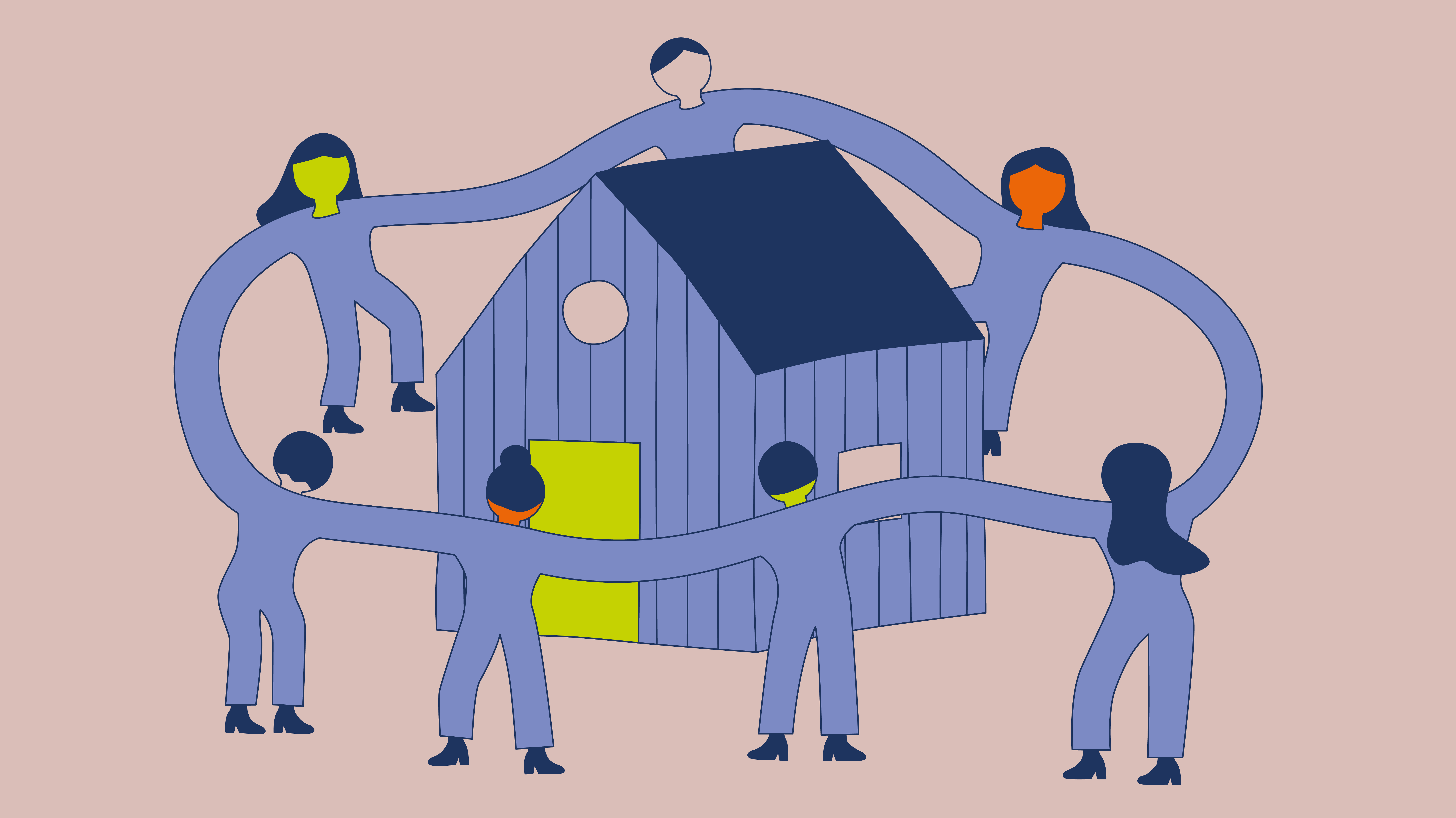 Fællesskabet og sammenarbejdet omkring et kulturhus visualiseret af en flok mennesker som holder i hånd rundt om huset
