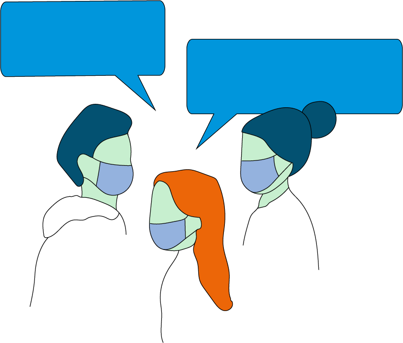 Mennesker i samtale med mundbind på, som et symbol på dialogen i en krisetid